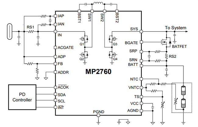 Application Circuit Diagram - Monolithic Power Systems (MPS) MP2760 Battery Management Buck/Boost Charger ICs